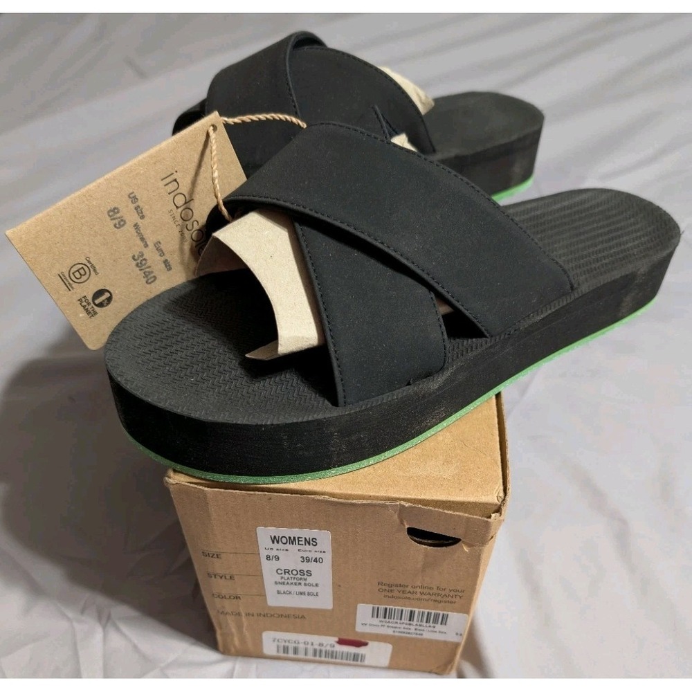 Indosole Cross Platform Slide Sandals Womens 8 9 Black Lime Recycled Tire Sole